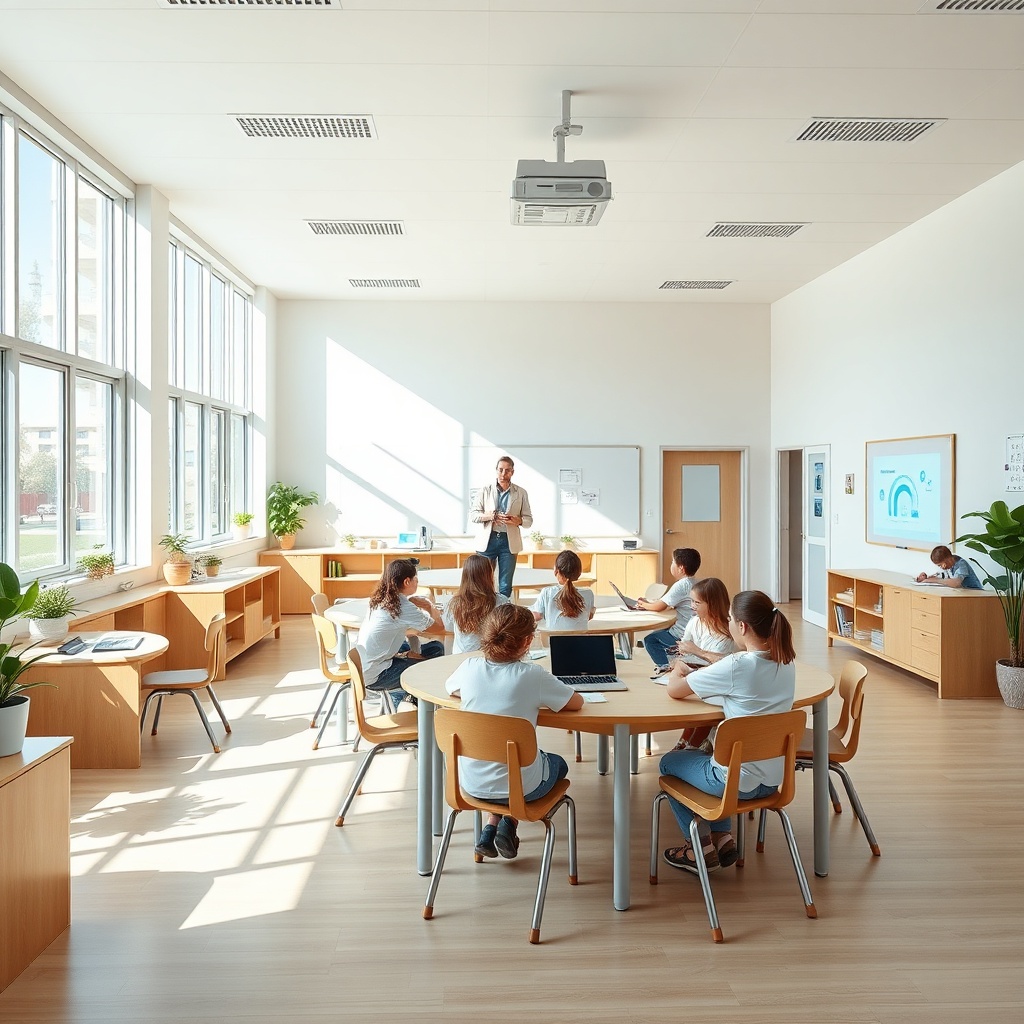 Salle de classe modulaire et inclusive pour aménager une école moderne à Tanger avec mobilier scandinave et technologies STEM