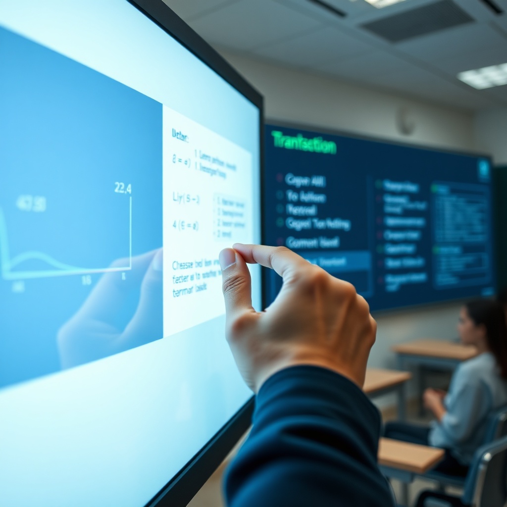 Gros plan sur un écran interactif école avec fonctionnalités d'intelligence artificielle, montrant la transcription automatique et la traduction simultanée. Tableau numérique interactif pour TBI salle de classe, intégré à l'ENT et offrant une latence tactile optimale.