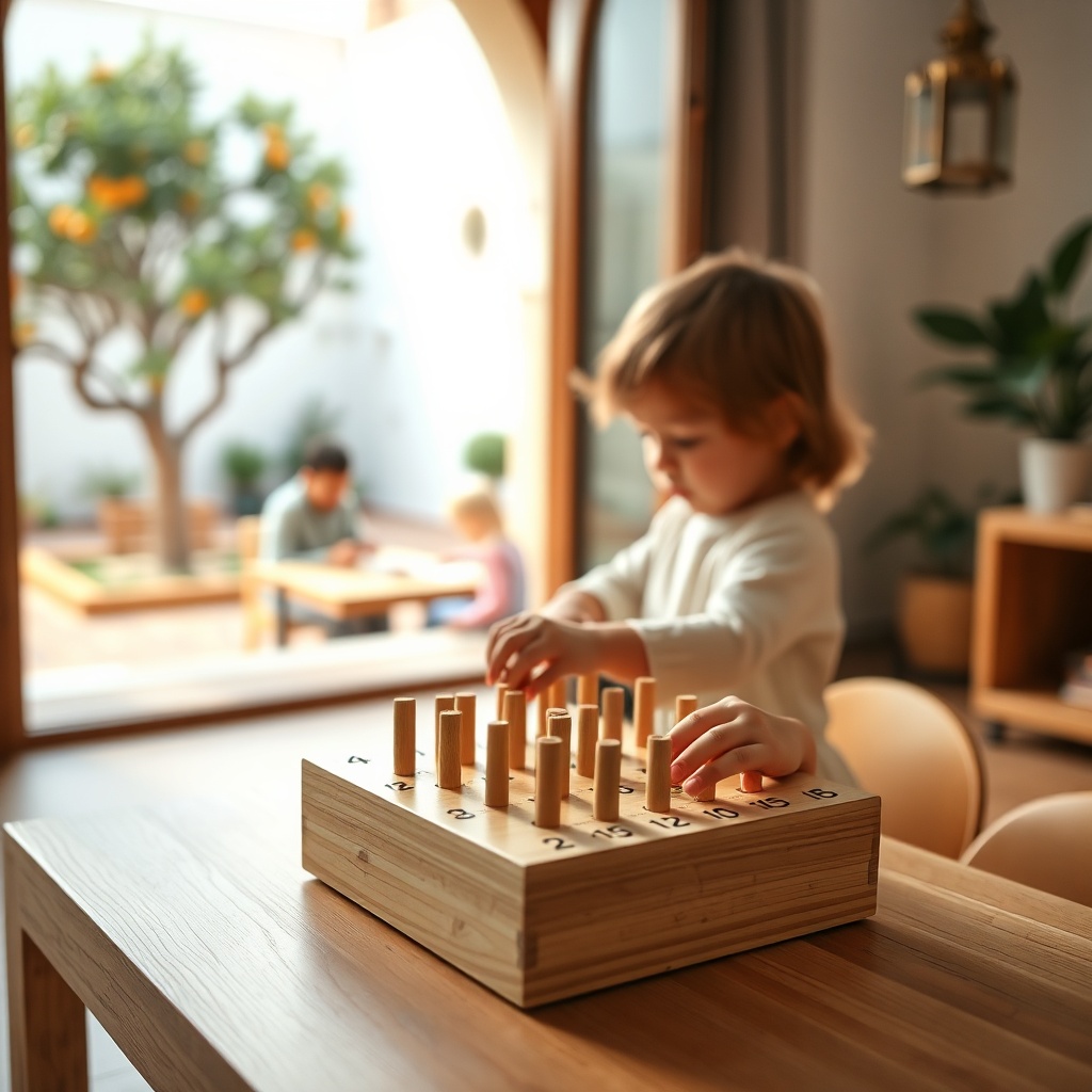 Activité de comptage avec matériel Montessori dans une école au Maroc, illustrant la méthode éducative centrée sur l'autonomie de l'enfant