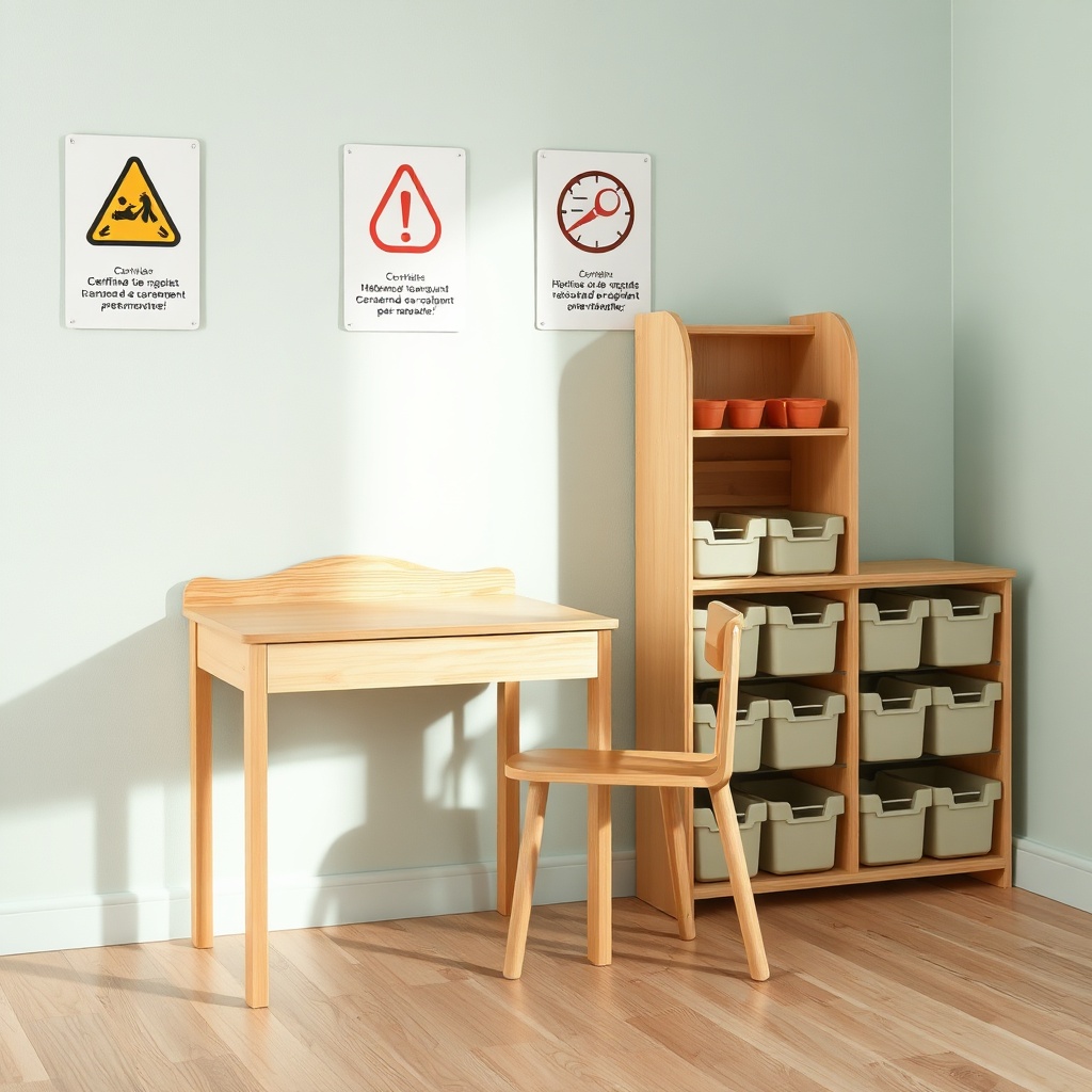 Équipement de crèche détaillé montrant un bureau certifié, des rangements écologiques et des panneaux de sécurité, illustrant la conformité aux normes NF EN 1176