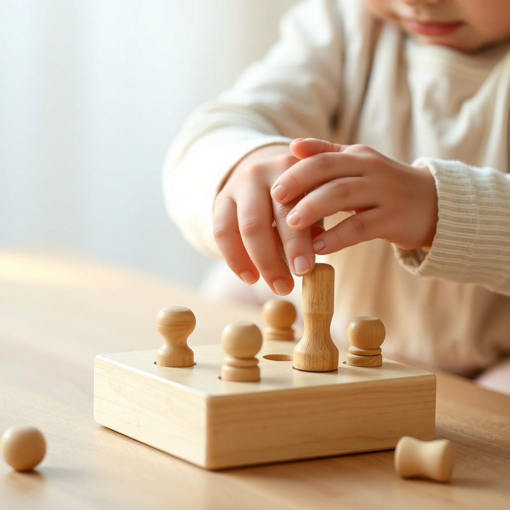 Child's hands manipulating a wooden Montessori toy, highlighting fine motor skills and concentration. Montessori educational toys made from natural materials.