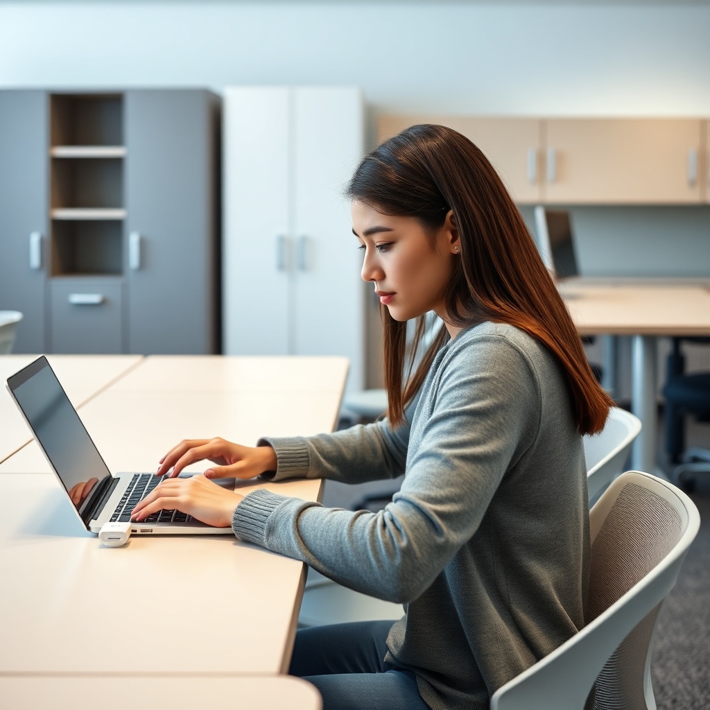 Student using ergonomic desk with USB-C ports and laptop in modular furniture classroom setup for efficient learning environment