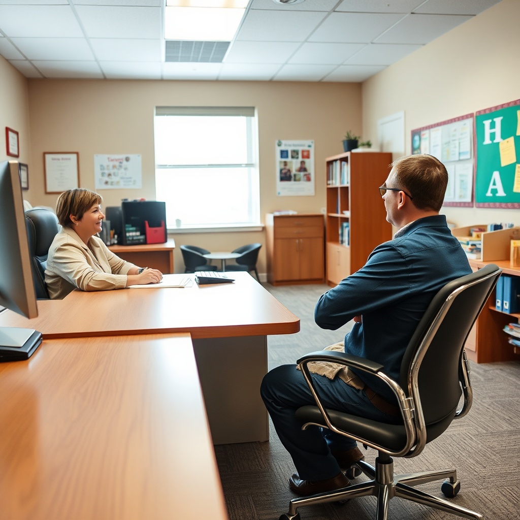 School director conducting a meeting with a parent at a durable and ergonomic office desk, illustrating the dual function of mobilier de bureau directeur école for work and reception.