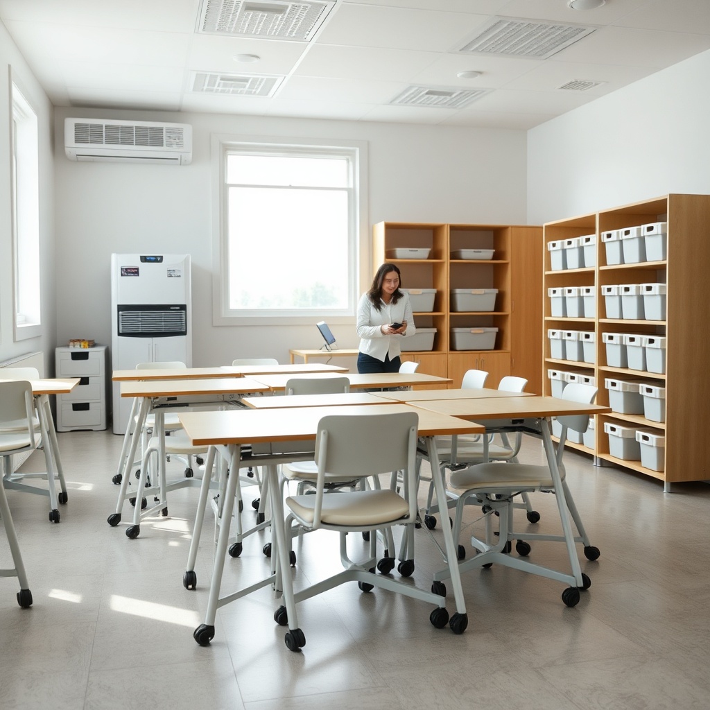 Optimiser l'espace avec du mobilier modulable pour aménager une salle de classe à Tanger, rangement intelligent et ventilation naturelle, design fonctionnel.