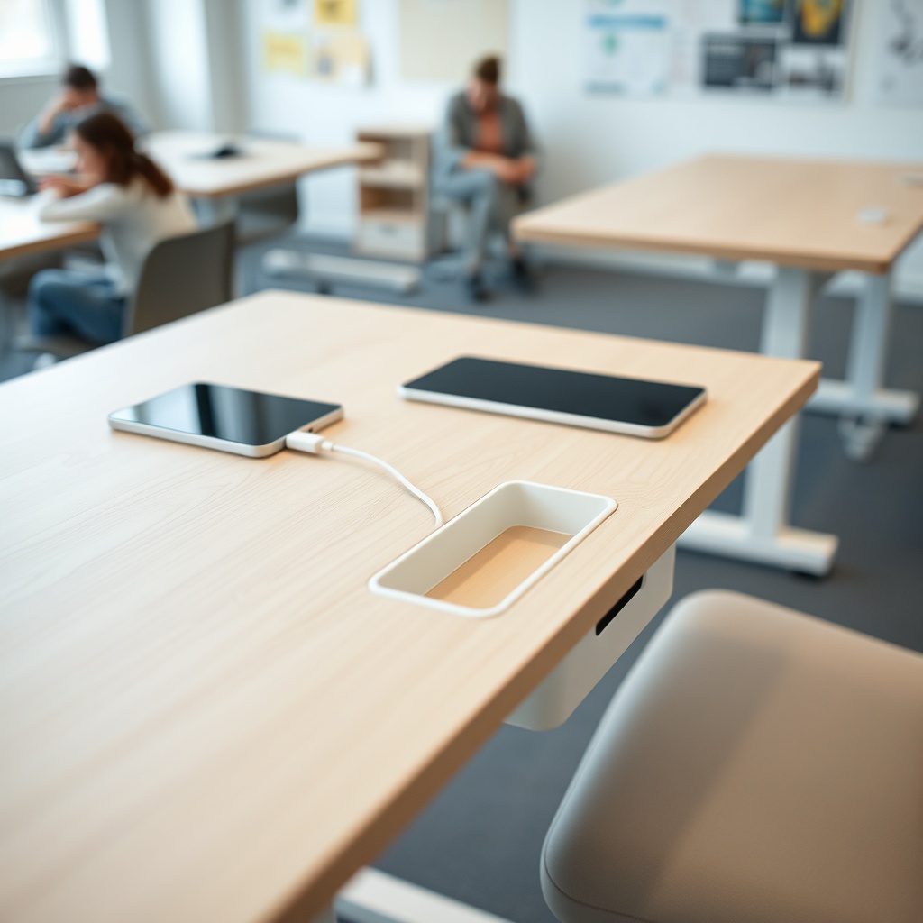 Close-up of an adjustable pupitre scolaire moderne with eco-friendly materials, tablet support, and ergonomic height settings for student use