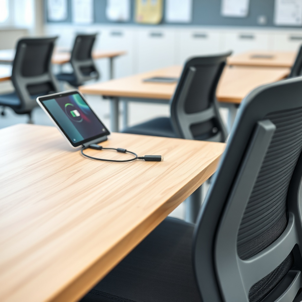 Ergonomic school desk with integrated charging station and cable management, exemplifying modern school furniture design