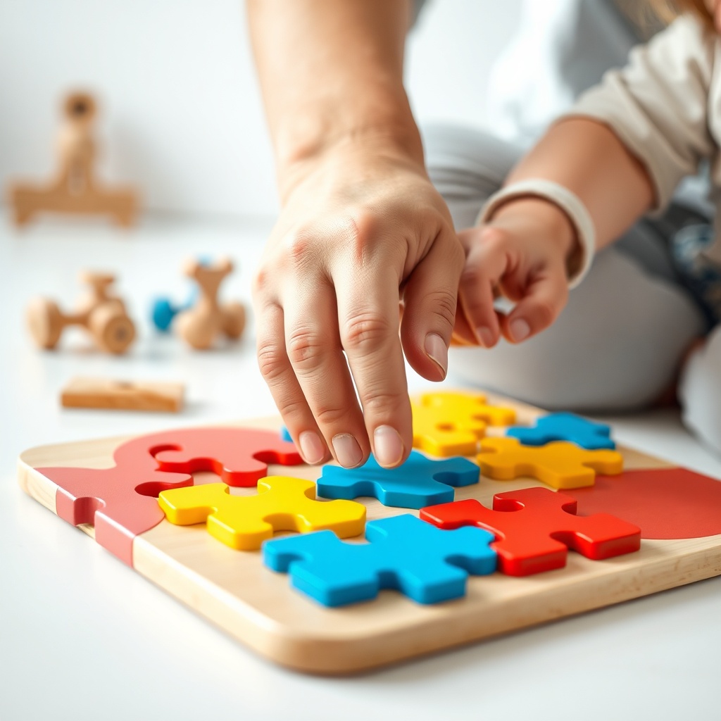 Main d'adulte et main d'enfant assemblant un jeu éducatif coloré, favorisant l'apprentissage par le jeu et la motricité fine