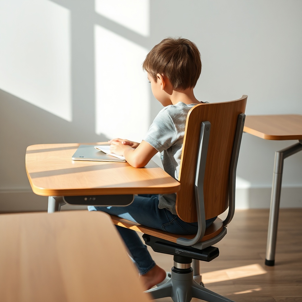 Close-up of a student using ergonomic mobilier de bureau pour écoles with adjustable desk and supportive chair