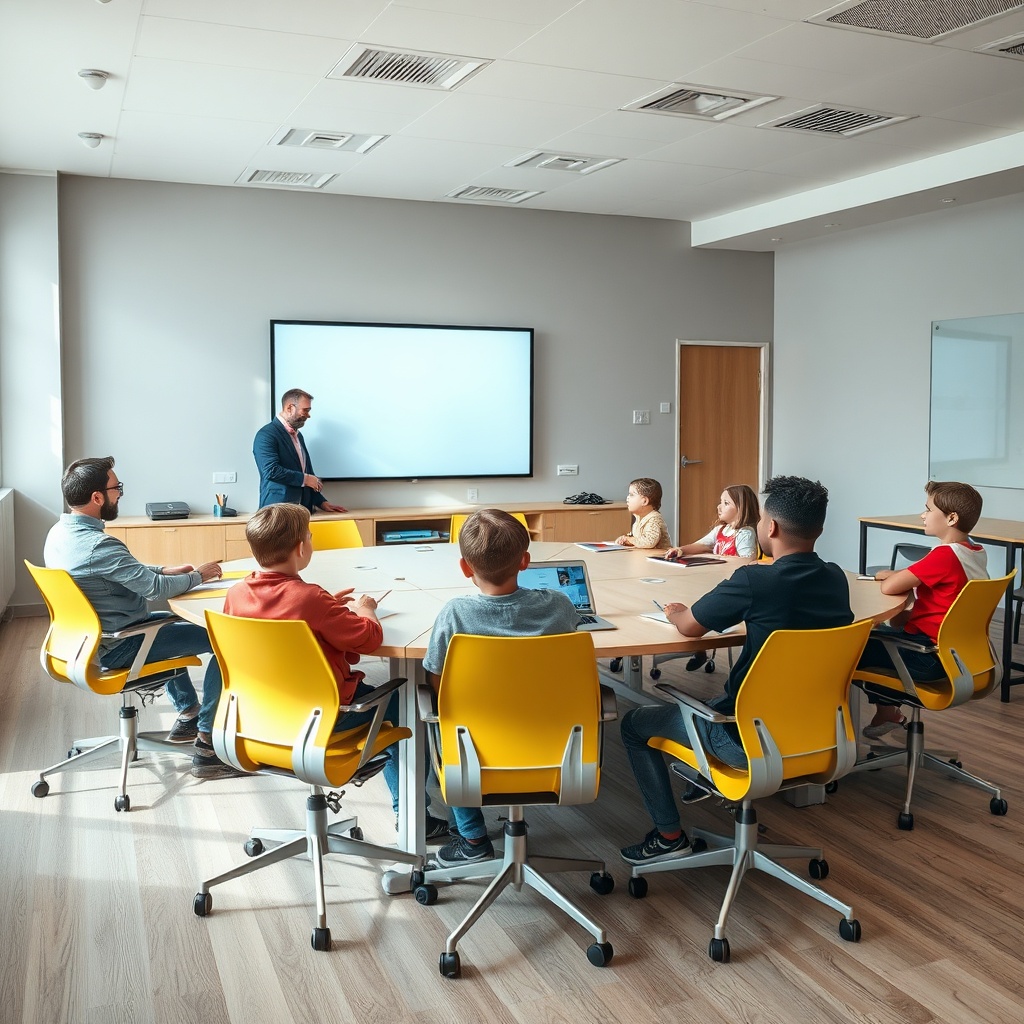 Équiper une salle de classe avec du mobilier flexible et des outils numériques permet de créer un espace collaboratif où enseignant et élèves interagissent autour d'un tableau interactif.