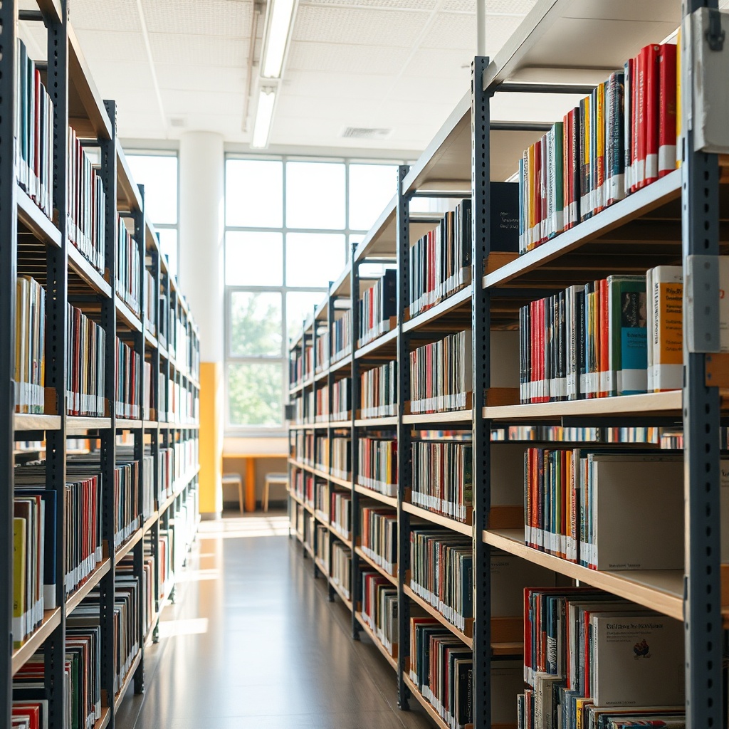 Detailed view of a school library with a combination of steel and wooden school storage racks filled with a variety of books. The racks feature anti-tip safety mechanisms and are designed to accommodate the specific needs of a school library, such as rounded edges and adjustable heights.